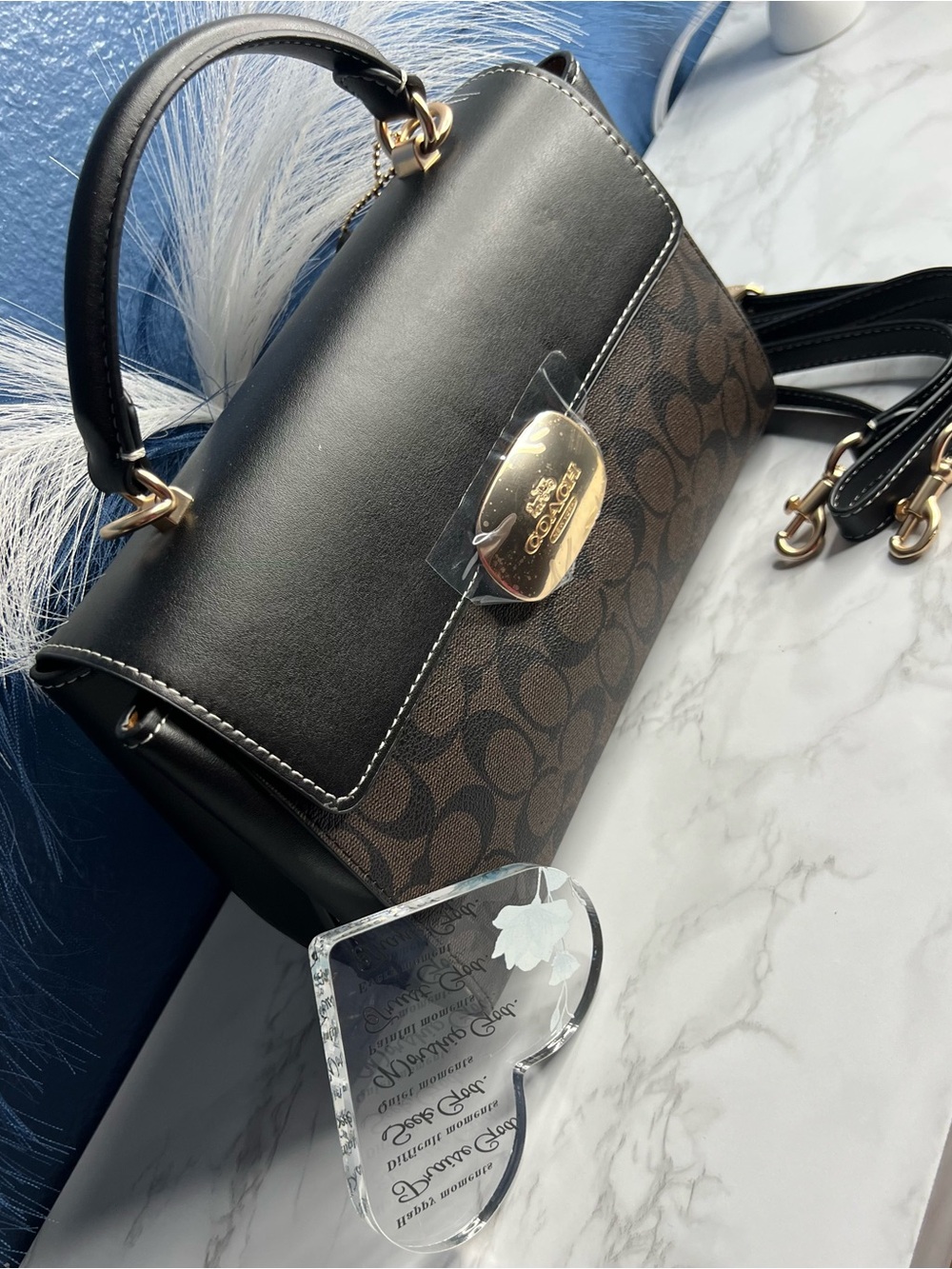 Coach Black Leather & Brown Signature Satchel with Gold Hardware